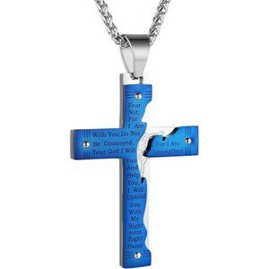 Blue Stainless Steel Jesus Christ Crucifix Cross Lord's Prayer Pendant Necklace